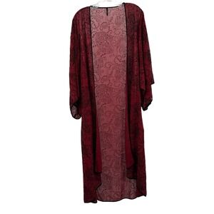 ZINGA Womens Paisley Duster Cardigan Burgundy Red Kimono Open Front L Sheer